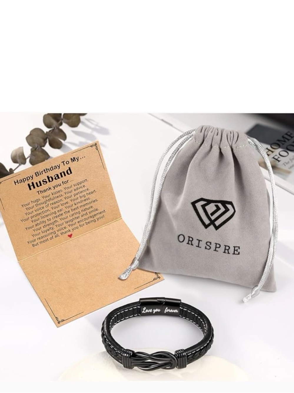Love Knot Bracelet “Love You Forever” Men’s Black Leather Gift Set w/Pouch